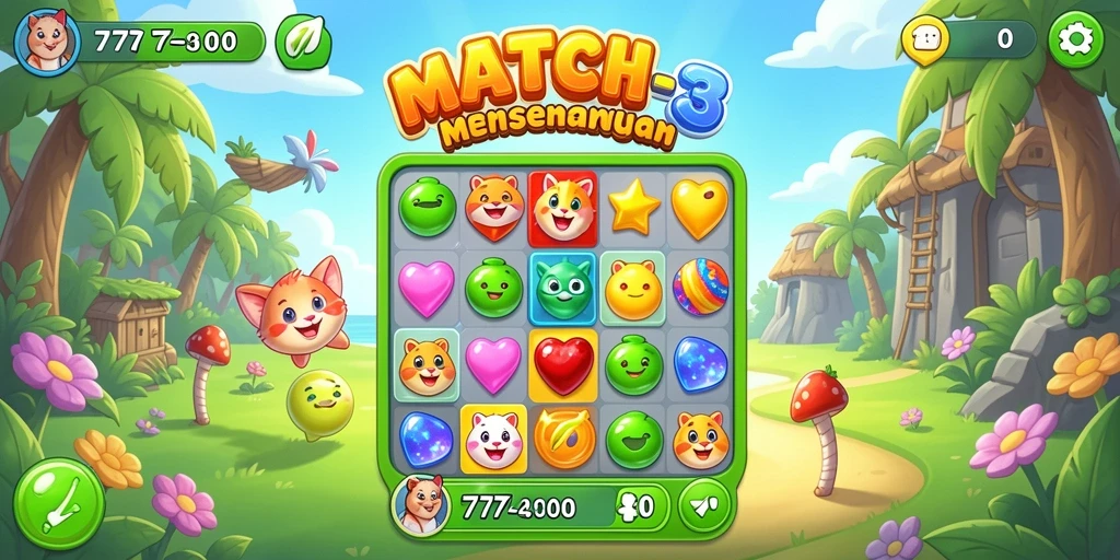 Screenshot permainan 77RT yang menunjukkan aksi Match-3 yang seru.