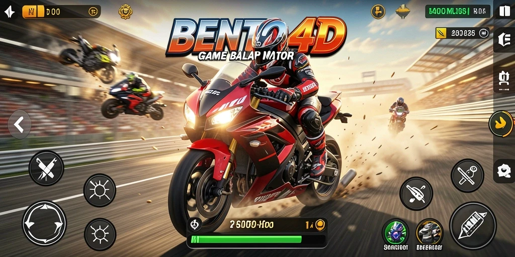 Tampilan gameplay seru BENTO4D yang penuh aksi balapan motor.