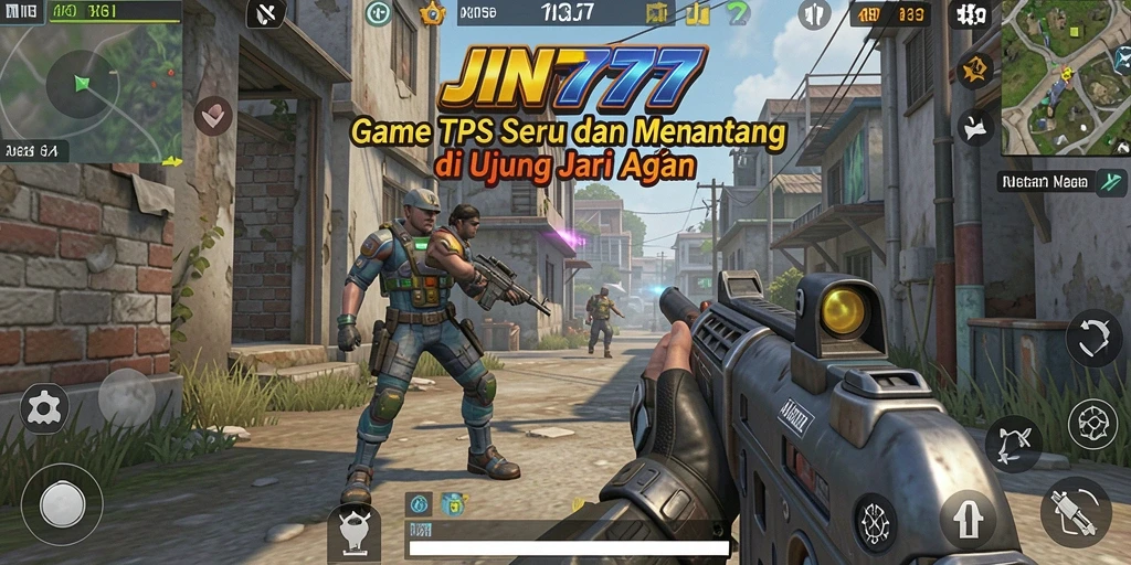 Tampilan gameplay menegangkan dalam JNT777, memperlihatkan aksi tembak-tembakan.