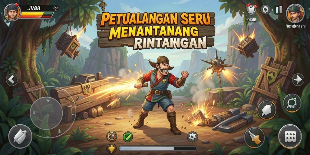 Screenshot menampilkan aksi gameplay JV88 dengan tantangan petualangan seru.