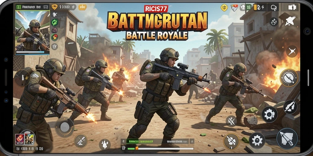 Screenshot RICIS77 menampilkan aksi pertempuran intens di arena Battle Royale.