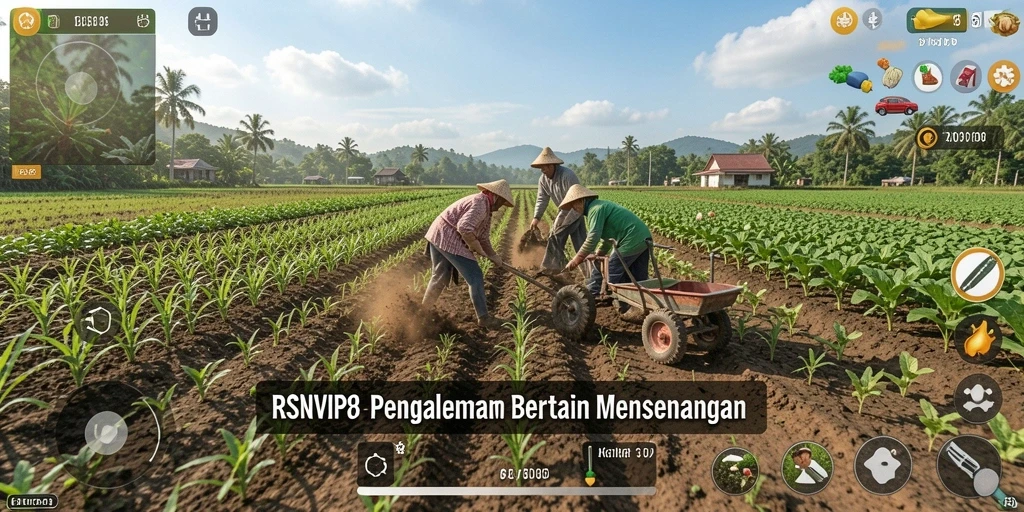 Screenshot gameplay RSNVIP8 menampilkan ladang yang subur dan hewan peliharaan.