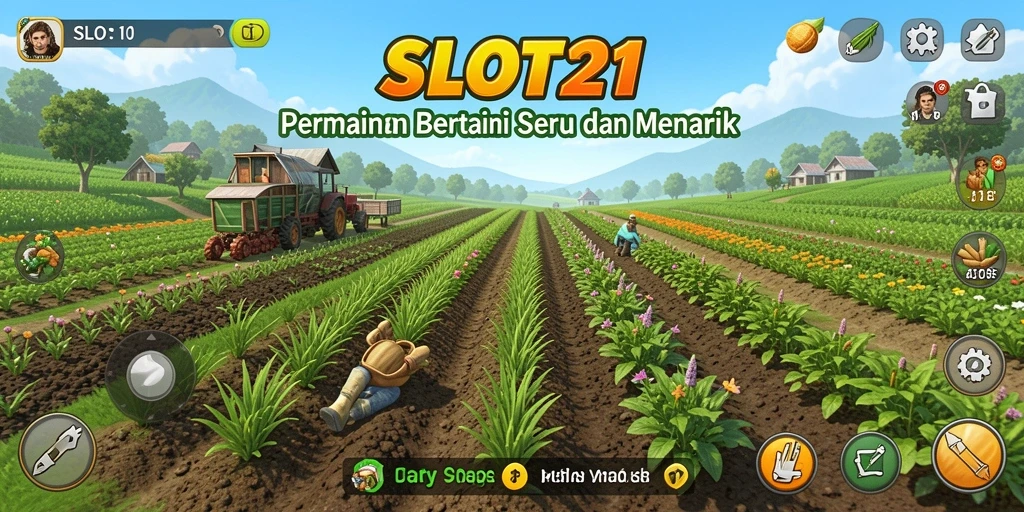 Tampilan gameplay SLOT21 saat bertani di ladang yang penuh warna.