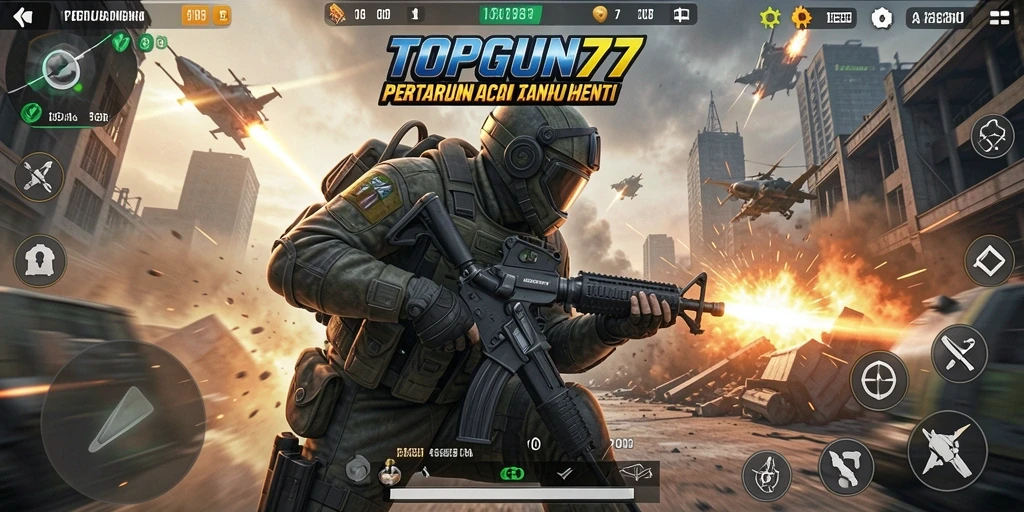 Screenshot gameplay menunjukkan aksi pertempuran menegangkan di TOPGUN77.