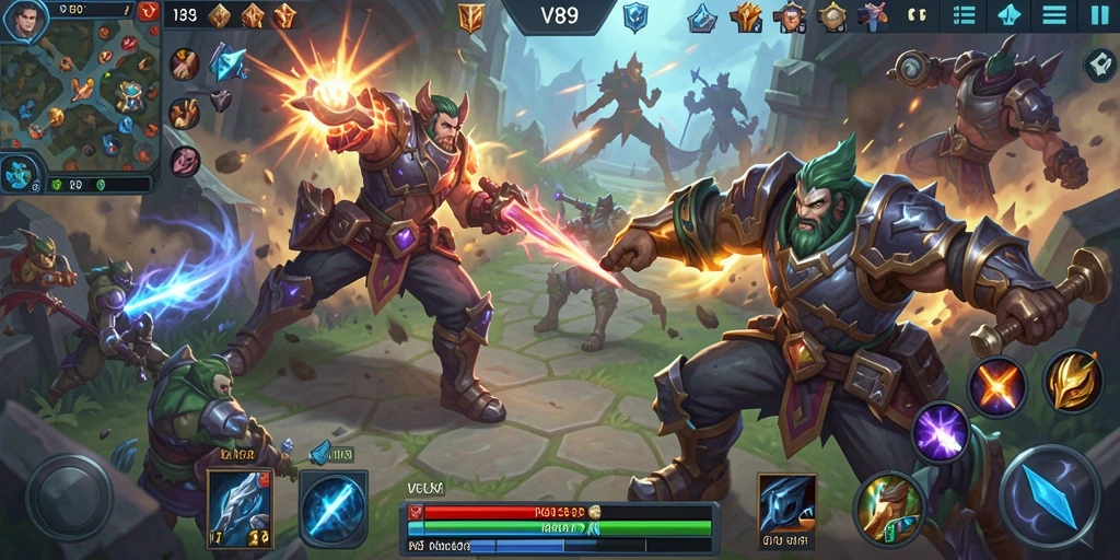 Screenshot gameplay V89 dengan karakter pahlawan yang beraksi.